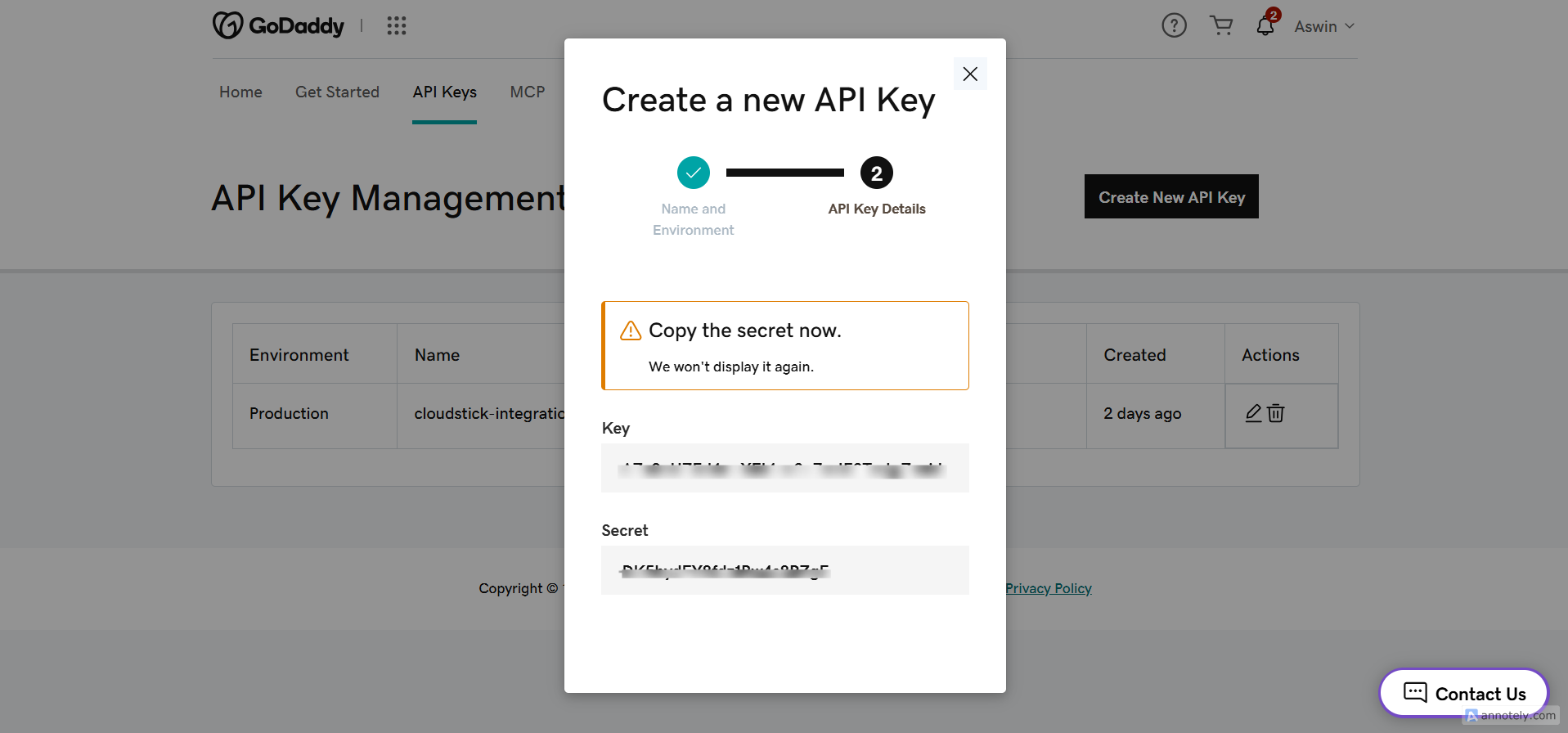 Fig. 05 — API Key Details step showing the generated Key and Secret.