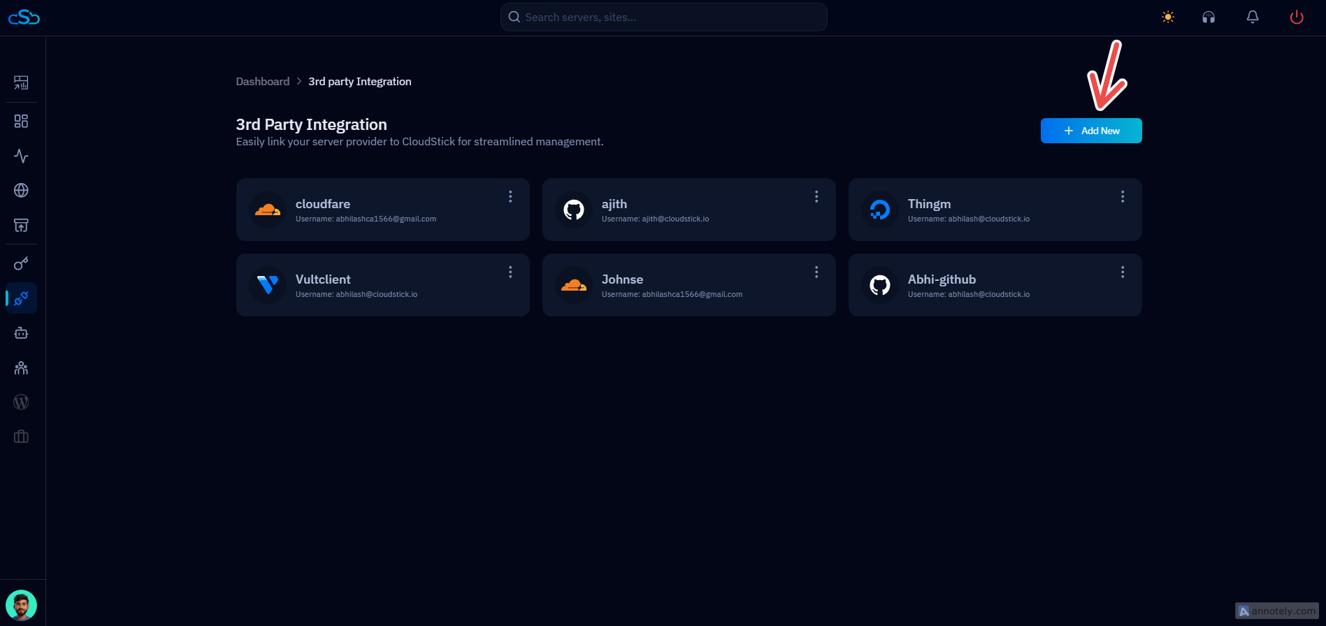 Fig. 07 — 3rd Party Integration page listing existing integrations, with the + Add New button highlighted.