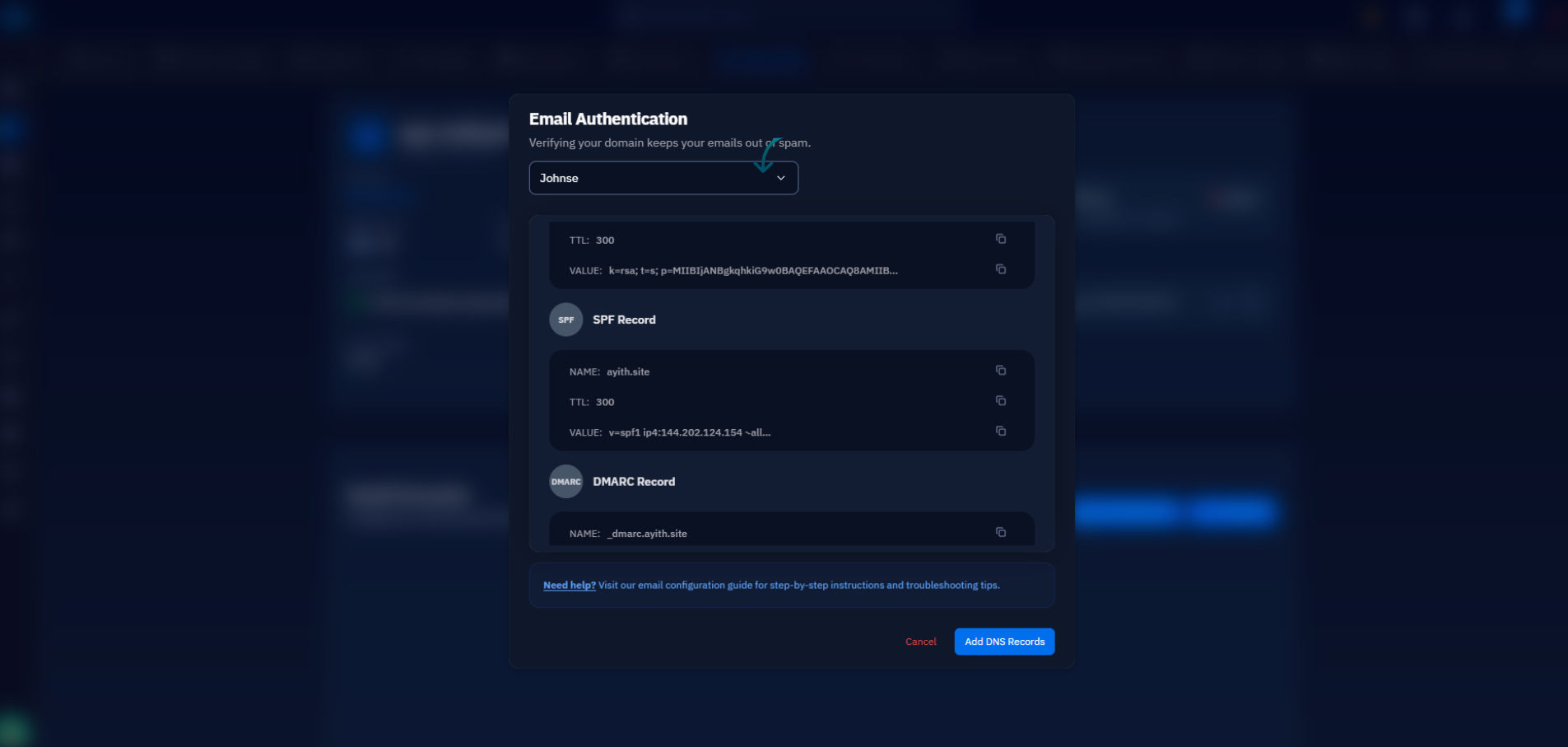 Fig. 05 — The Email Authentication modal displaying generated SPF and DMARC TXT records for manual DNS setup.