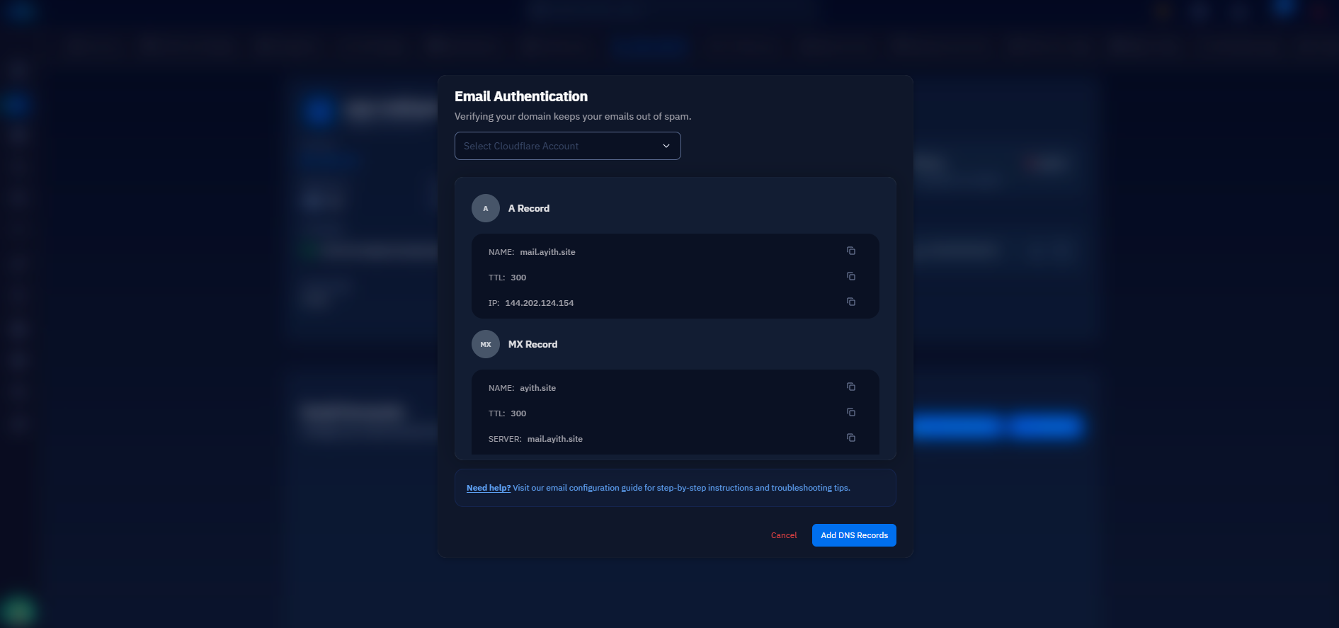 Fig. 06 — The Email Authentication modal with a Cloudflare account selected, showing the A and MX records CloudStick will create automatically.